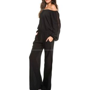 Elan black off the shoulder long sleeve  rayon jumpsuit coverup Pantsuit…